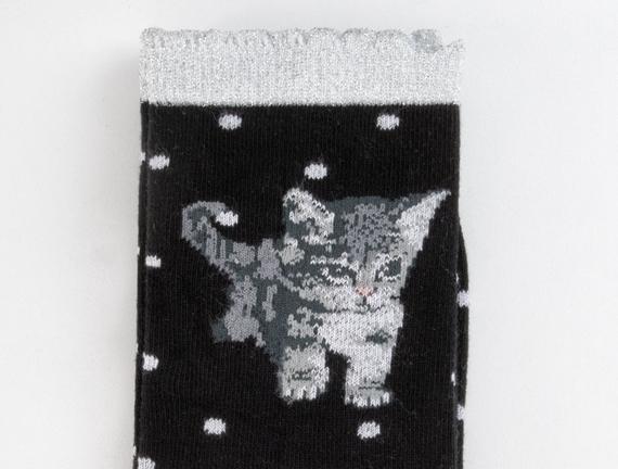 Simli ve Kedi Desenli Kadın Çorabı - Siyah