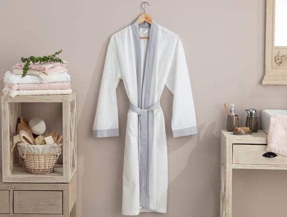 Platt Kimono Percale Bornoz - Beyaz / Gri