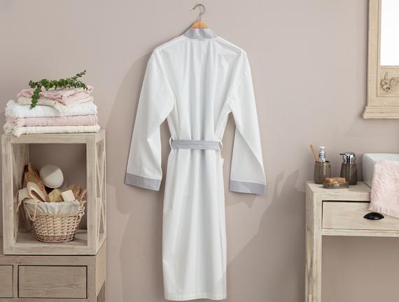 Platt Kimono Percale Bornoz - Beyaz / Gri